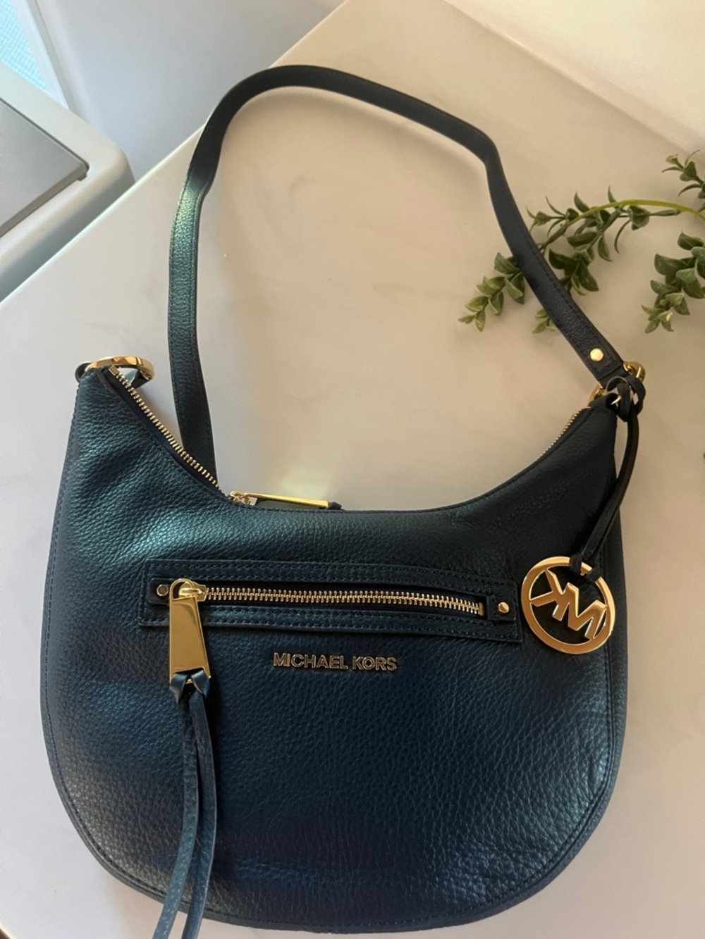Michael Kors Navy Pebbled Leather Shoulder Hobo with Gold Accents